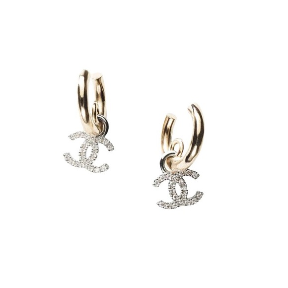 Chanel 22S Crystal Metal CC Logo Dangle Drop Statement Hoop Earrings Gold Silver - Picture 5 of 6